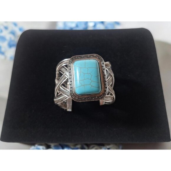 Vintage Tibetan Silver with Synthetic Turquoise Stone Cuff Bracelet Bangles - Picture 2 of 8